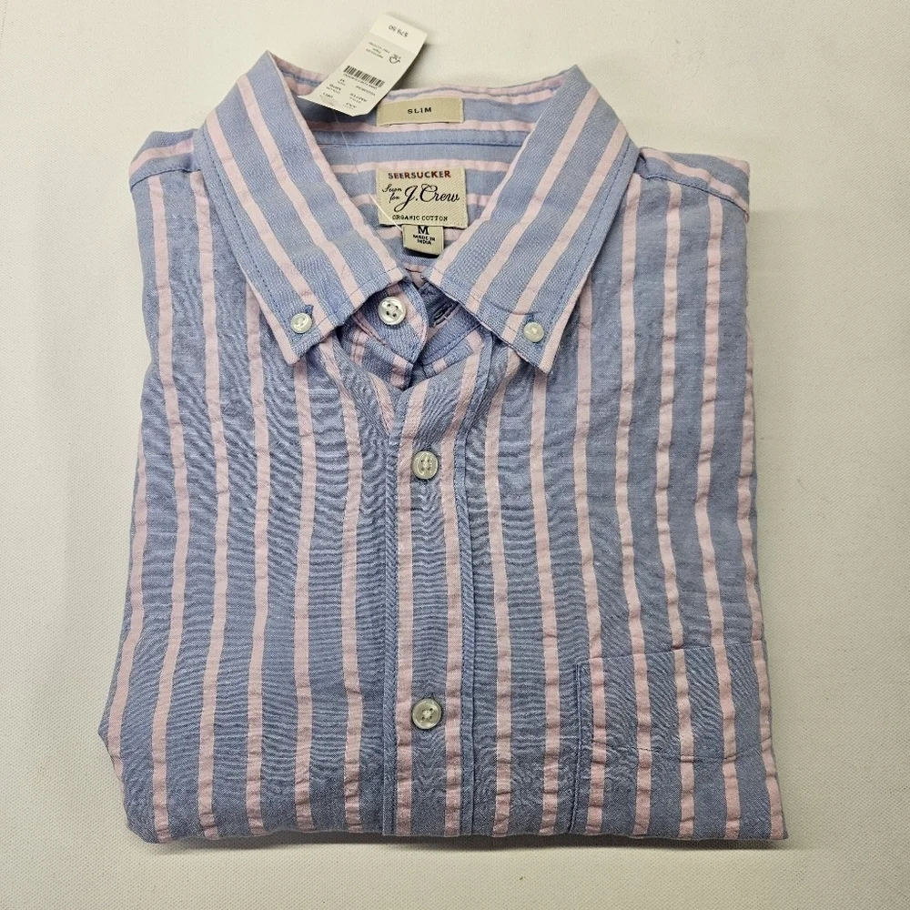 NWT J Crew Shirt Mens Med Slim Seersucker Striped Blue Pink Button Down Cotton